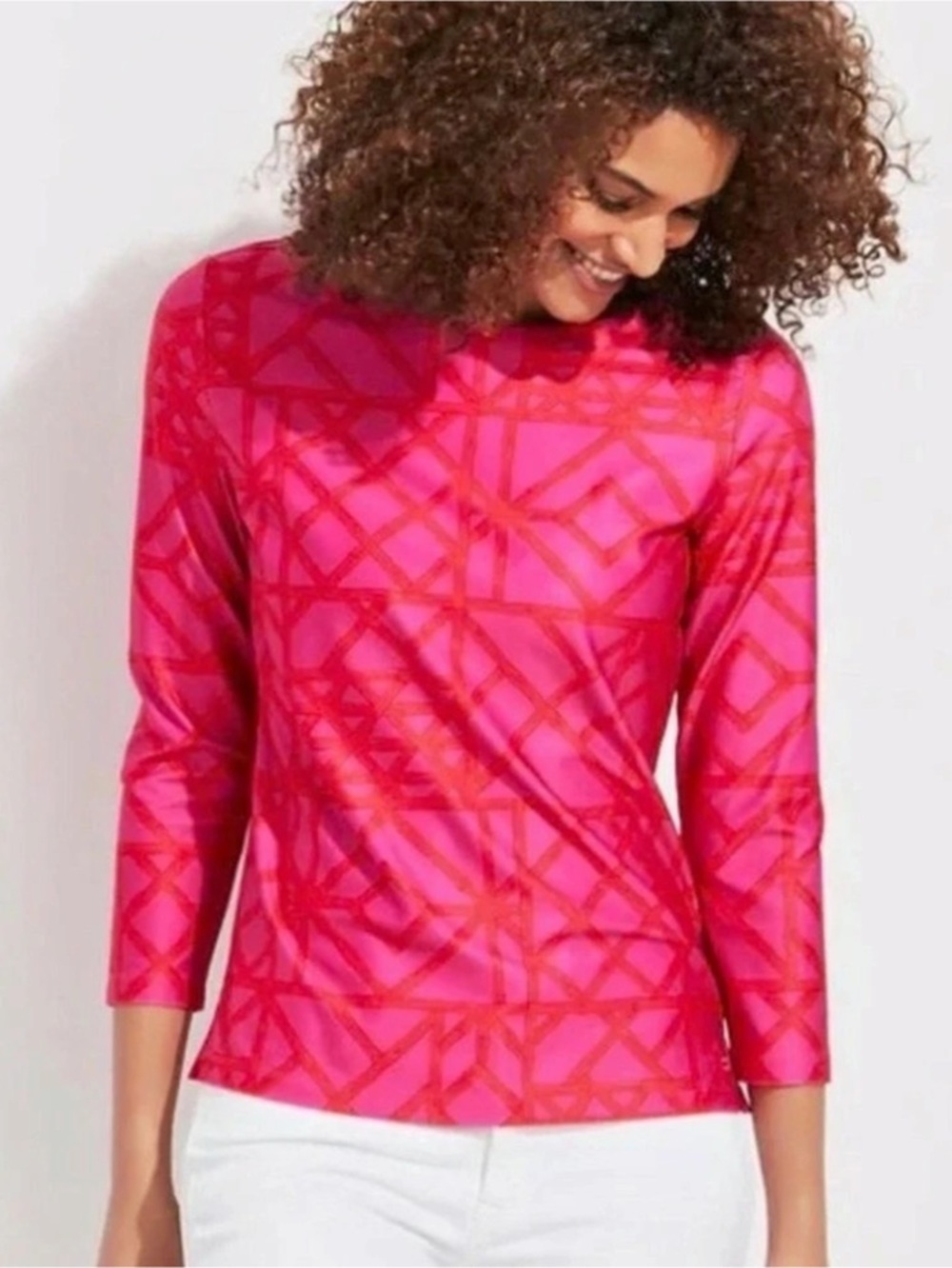 Vineyard Vines Sankaty Bamboo Boatneck Top Women’s XL Pink Red Geometric UPF 50+